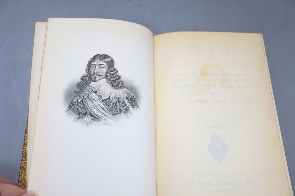 Nine leather-bound historical volumes by Julia Pardoe (some ex-libris William E Cain) and Scotts Waverley Novels,